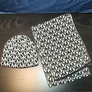 Michael Kors Monogram Black and White Hat and Scarf Set